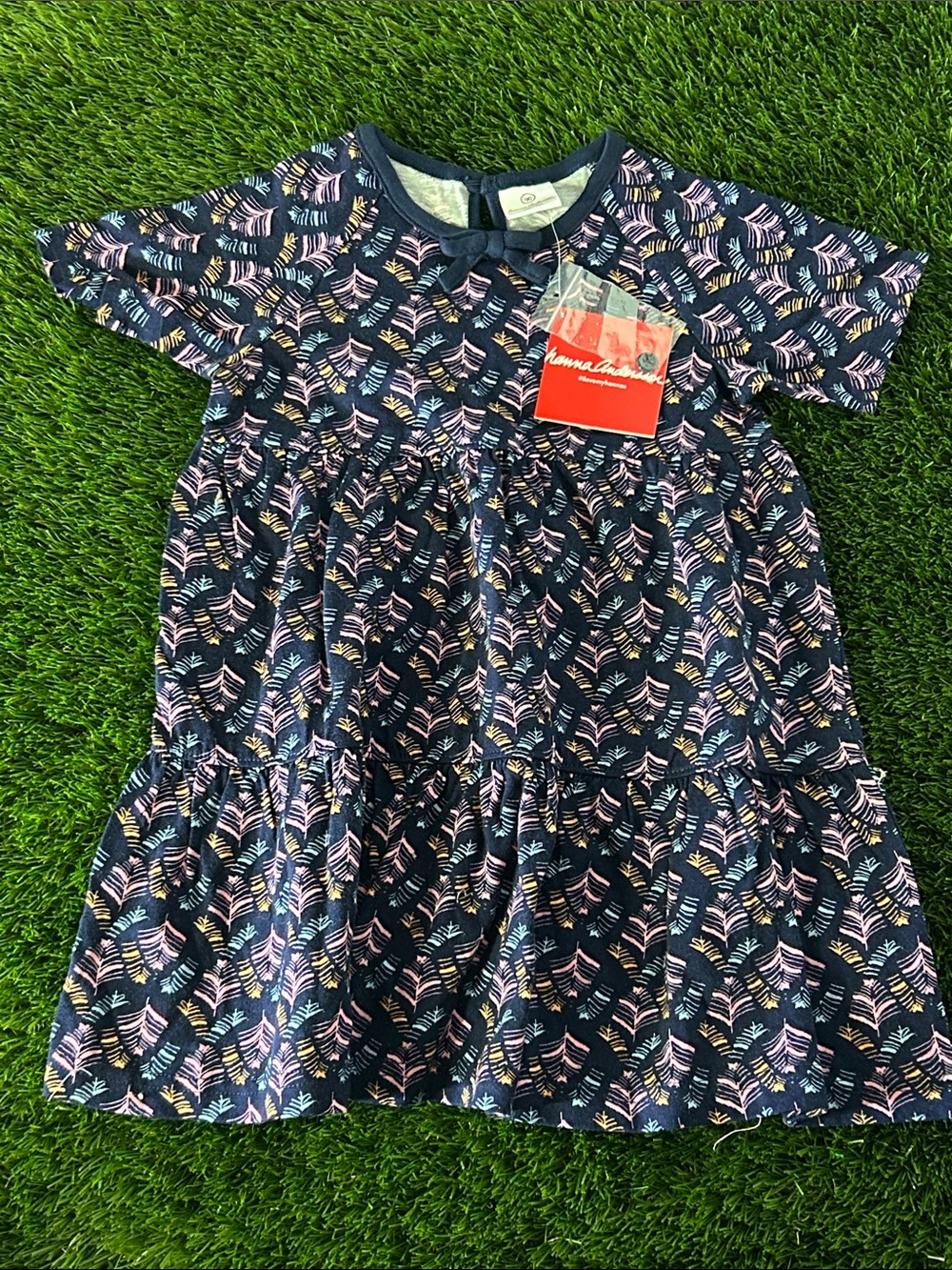 Hanna Andersson Navy Printed Tiered Dress with Pastel Leaf Print